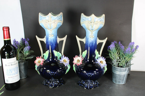 pair antique barbotine majolica Vases floral decor art nouveau