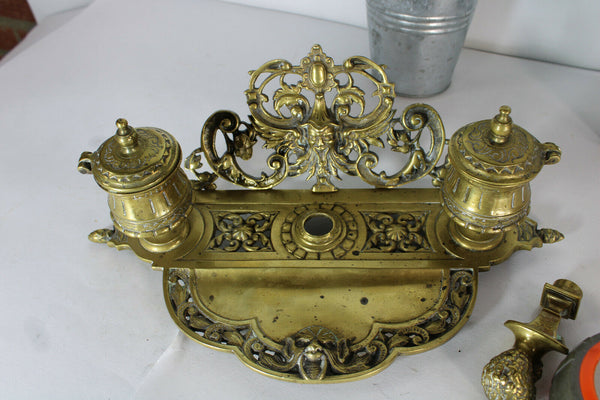 antique bronze satyr devil desk inwell Stamp figural monogram