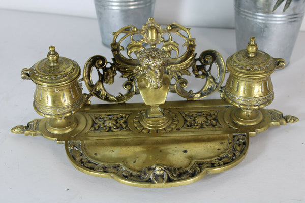 antique bronze satyr devil desk inwell Stamp figural monogram