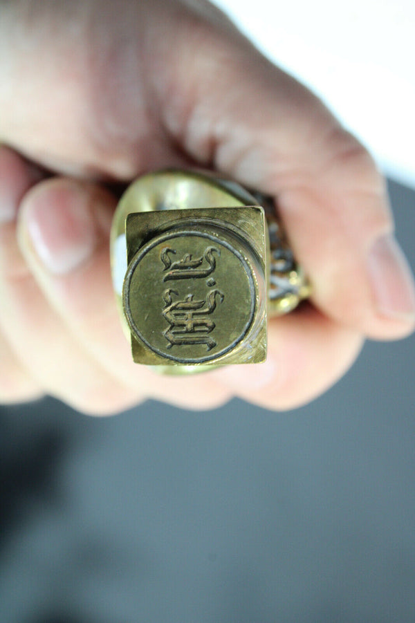 antique bronze satyr devil desk inwell Stamp figural monogram