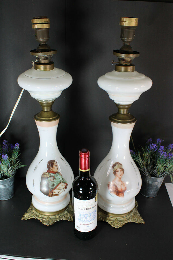 pair antique opaline glass napoleon josephine portrait table lamps