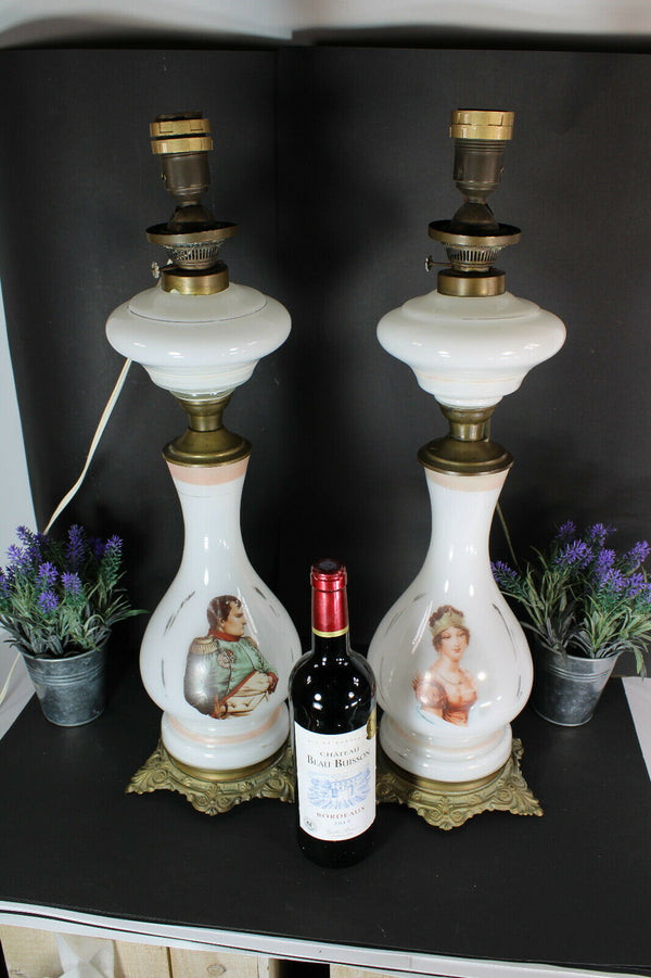 pair antique opaline glass napoleon josephine portrait table lamps