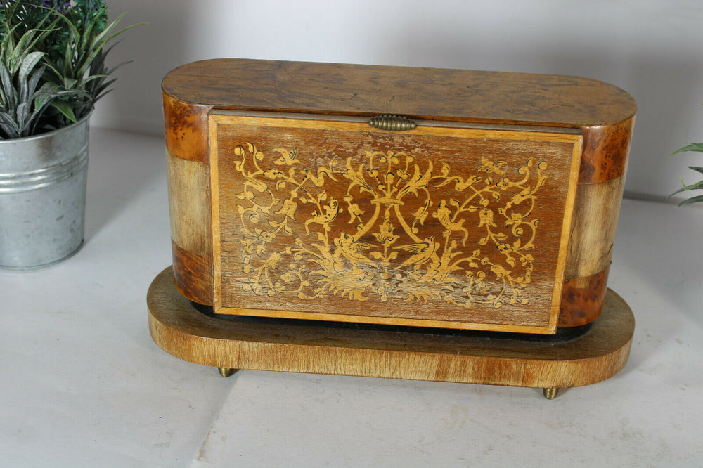 Vintage wood marquetry inlay cigarette case dispenser box music ballerina