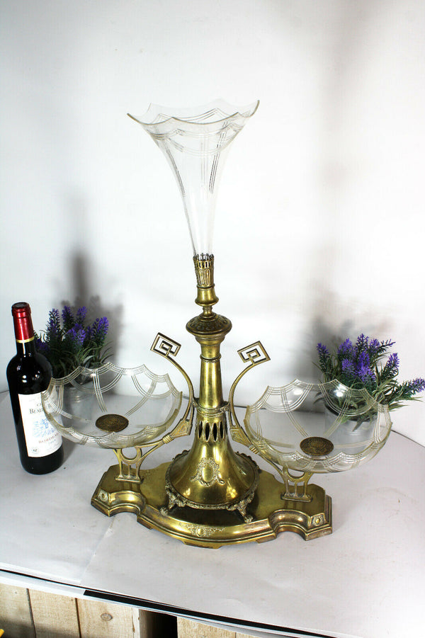 Antique art nouveau metal Centerpiece glass tray 1900s rare vase