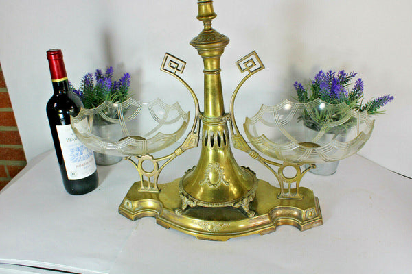 Antique art nouveau metal Centerpiece glass tray 1900s rare vase