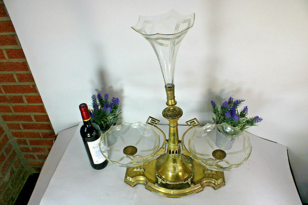 Antique art nouveau metal Centerpiece glass tray 1900s rare vase