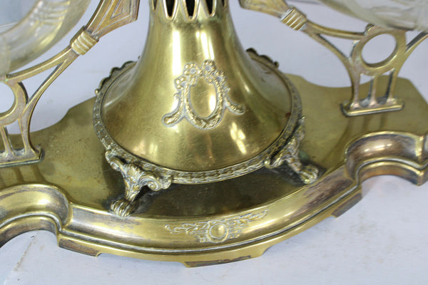 Antique art nouveau metal Centerpiece glass tray 1900s rare vase