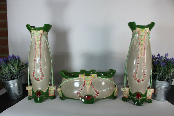 Art nouveau EICHWALD pottery mantel set vases marked