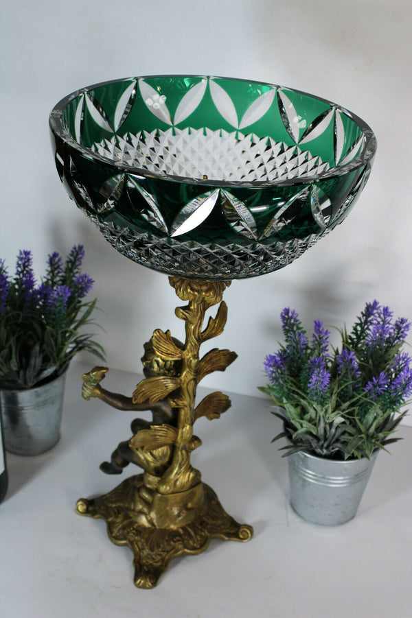 Vintage VAL SAINT LAMBERT signed crystal bowl putti bronze vase centerpiece