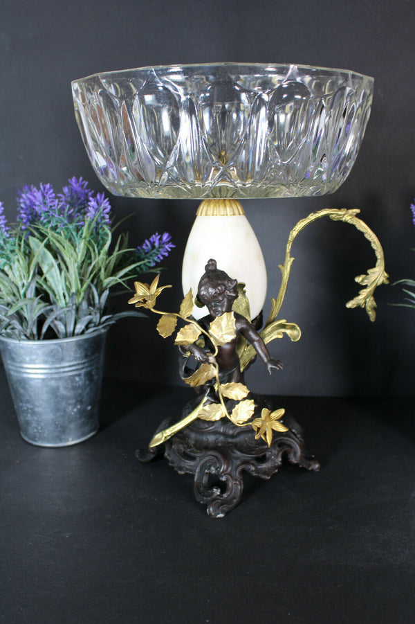 Antique Bronze putti cherub Centerpiece crystal glass bowl alabaster egg rare