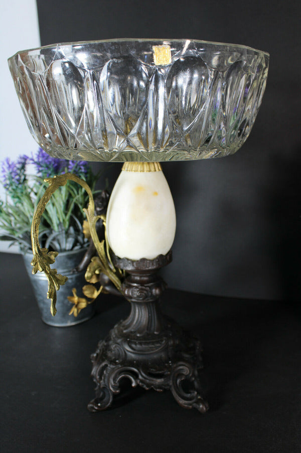 Antique Bronze putti cherub Centerpiece crystal glass bowl alabaster egg rare