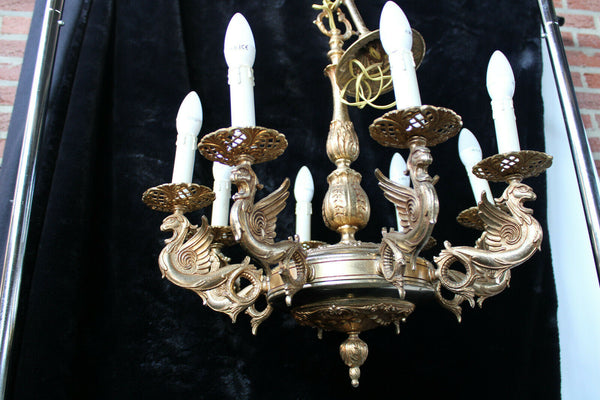 Vintage bronze brass castle Gothic dragons chandelier lamp