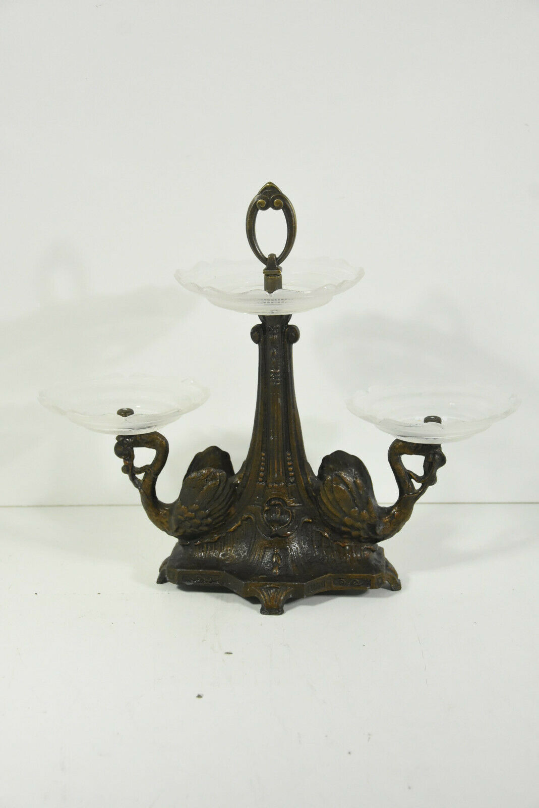 Antique art nouveau spelter metal swan figural centerpiece glass crystal vase