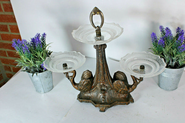 Antique art nouveau spelter metal swan figural centerpiece glass crystal vase