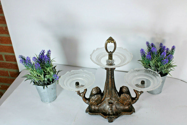 Antique art nouveau spelter metal swan figural centerpiece glass crystal vase
