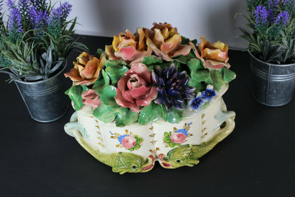 Vintage italian majolica Centerpiece lidded bowl dolphins fish base