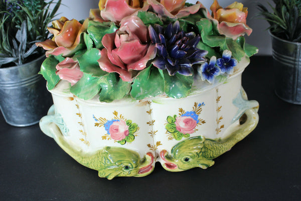 Vintage italian majolica Centerpiece lidded bowl dolphins fish base