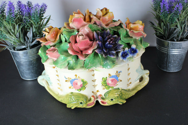 Vintage italian majolica Centerpiece lidded bowl dolphins fish base