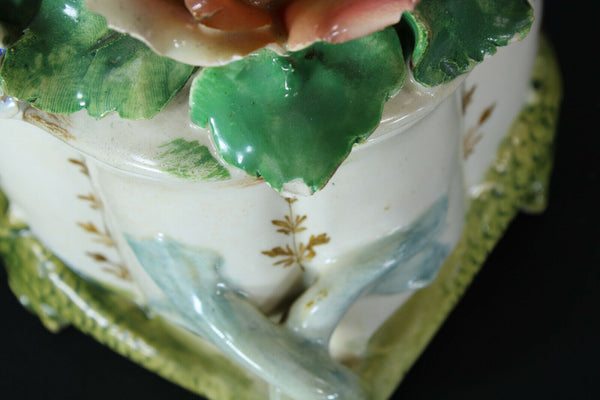 Vintage italian majolica Centerpiece lidded bowl dolphins fish base