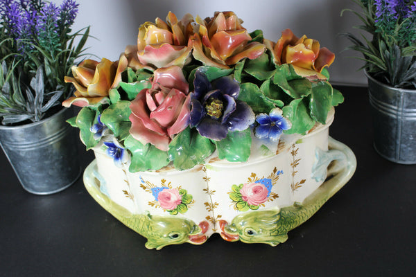 Vintage italian majolica Centerpiece lidded bowl dolphins fish base