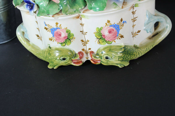Vintage italian majolica Centerpiece lidded bowl dolphins fish base