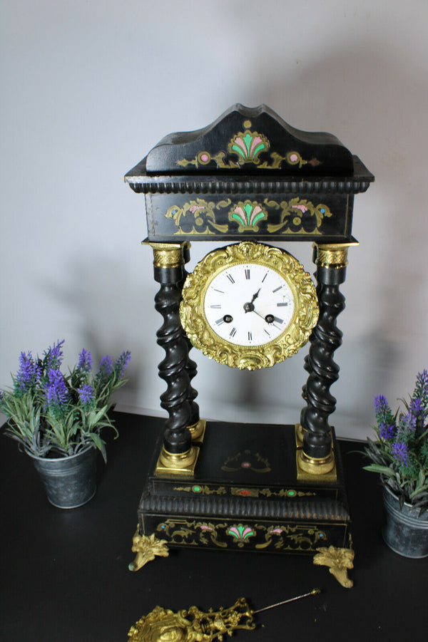 Antique French Napoleon III enamel inlay wood carved columns clock