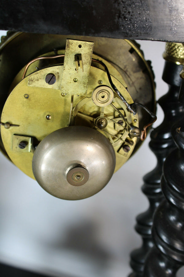 Antique French Napoleon III enamel inlay wood carved columns clock