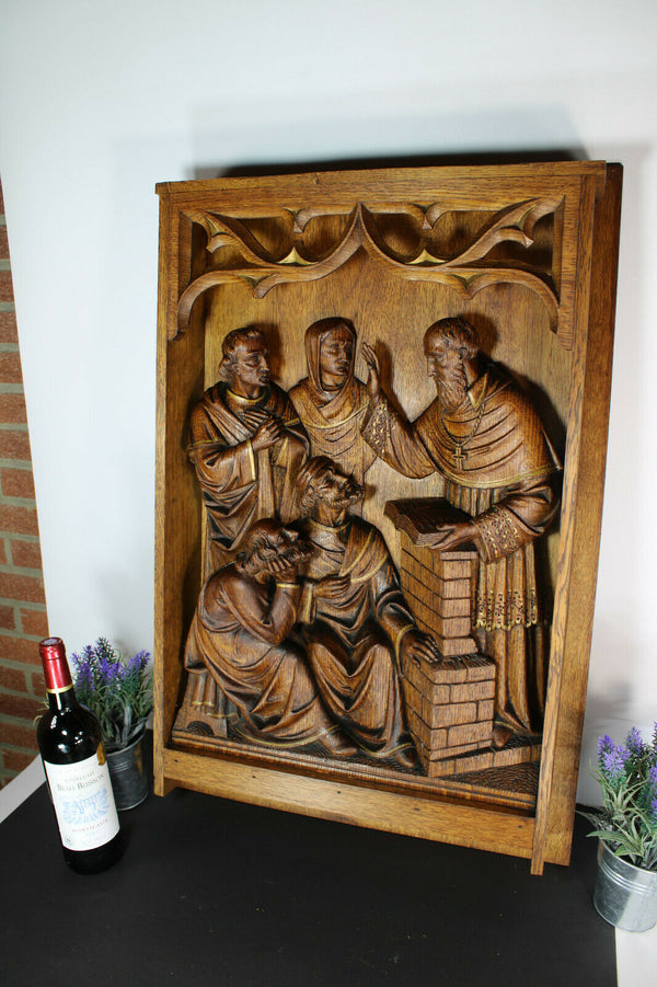 Antique church neo gothic Reredos altar piece wood carved evangelist saint rare