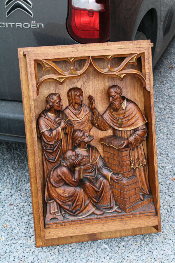 Antique church neo gothic Reredos altar piece wood carved evangelist saint rare