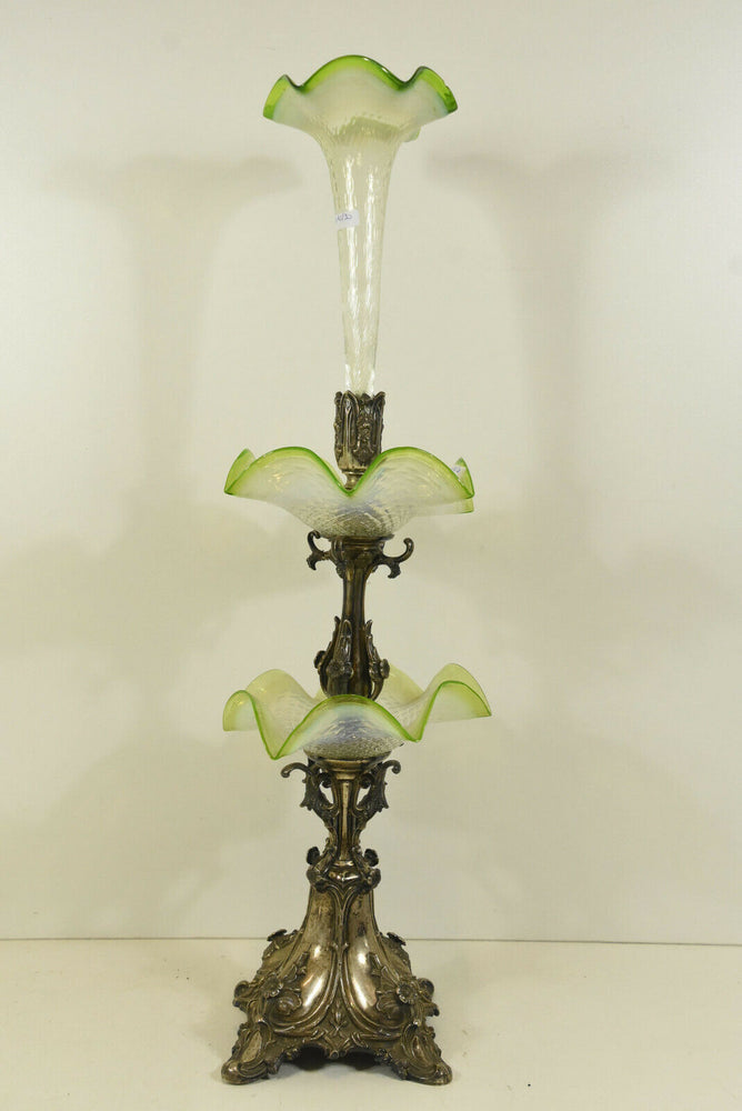 Antique art nouveau silver pl uranium clear glass Centerpiece vase 19thc vase