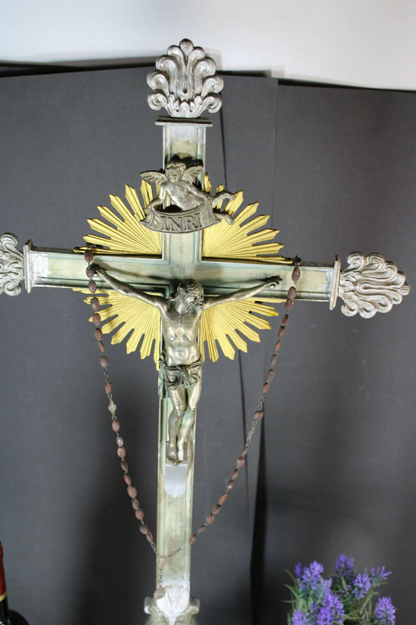 Antique XL Marble Spelter metal putti angels crucifix rare altar