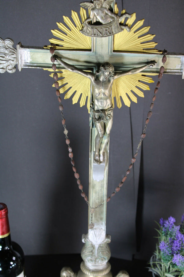 Antique XL Marble Spelter metal putti angels crucifix rare altar