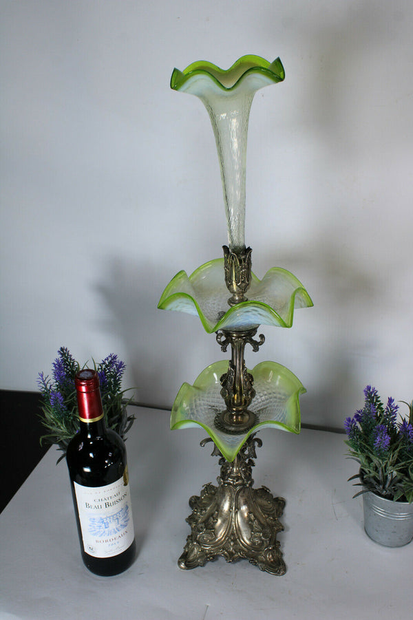Antique art nouveau silver pl uranium clear glass Centerpiece vase 19thc vase