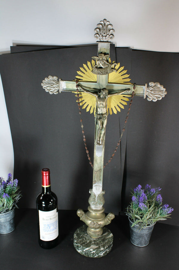 Antique XL Marble Spelter metal putti angels crucifix rare altar