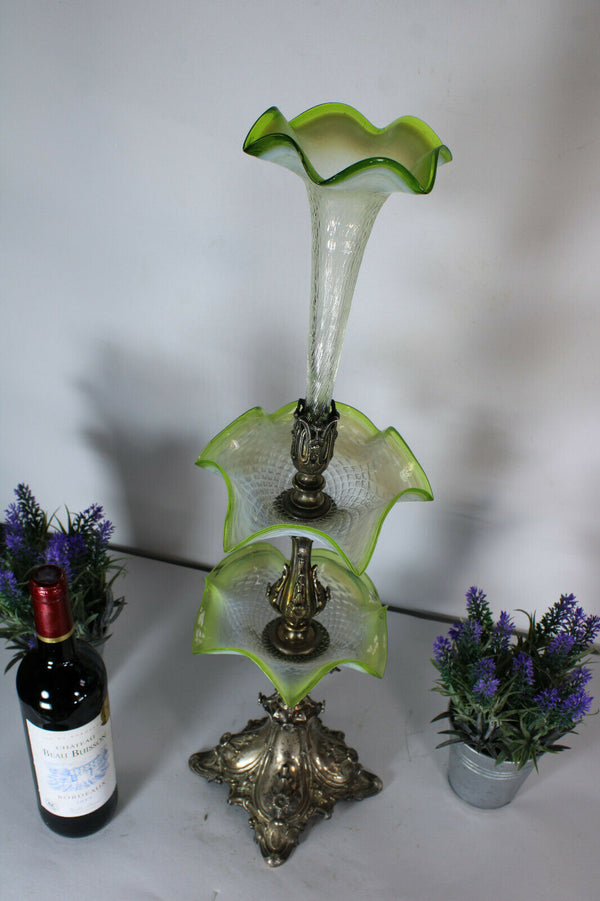 Antique art nouveau silver pl uranium clear glass Centerpiece vase 19thc vase