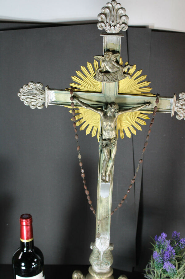 Antique XL Marble Spelter metal putti angels crucifix rare altar