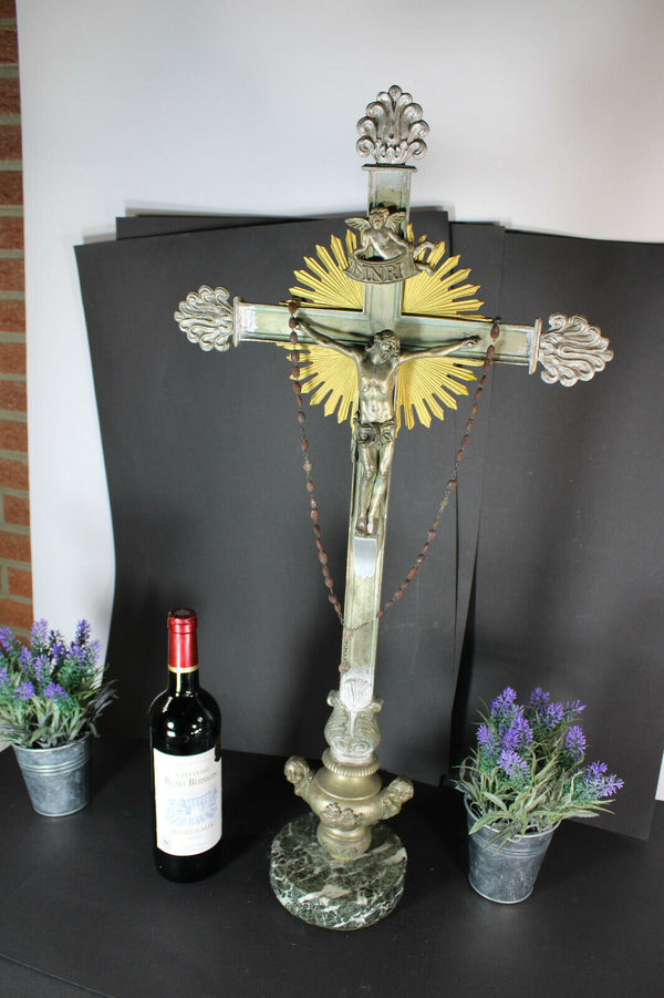 Antique XL Marble Spelter metal putti angels crucifix rare altar