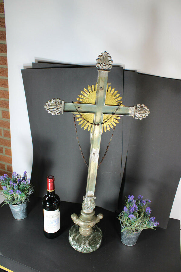 Antique XL Marble Spelter metal putti angels crucifix rare altar