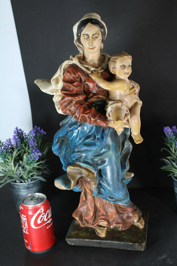 Antique large french chalkware religious madonna child figurine statue