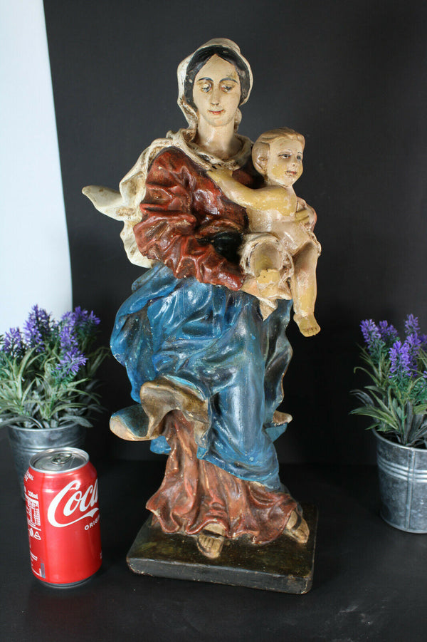 Antique large french chalkware religious madonna child figurine statue