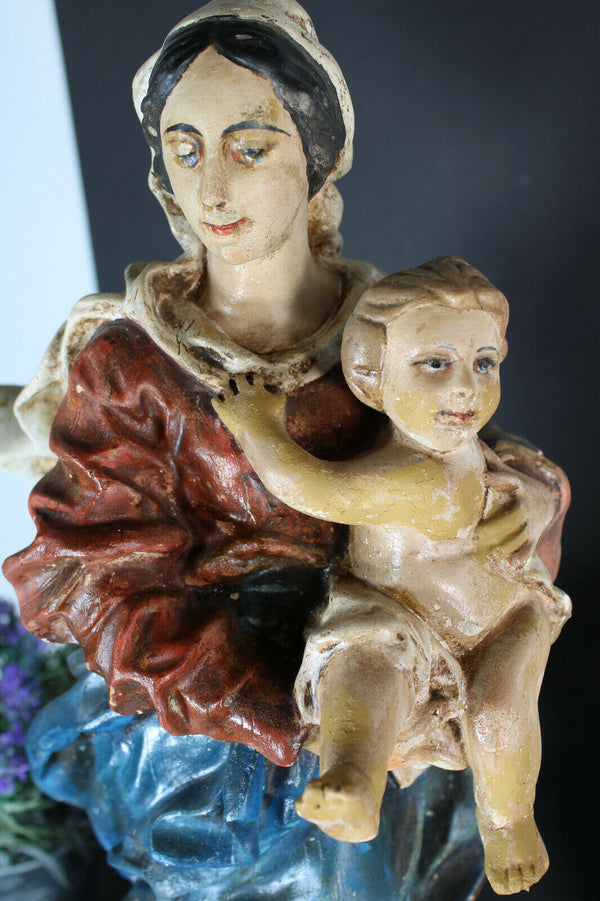 Antique large french chalkware religious madonna child figurine statue