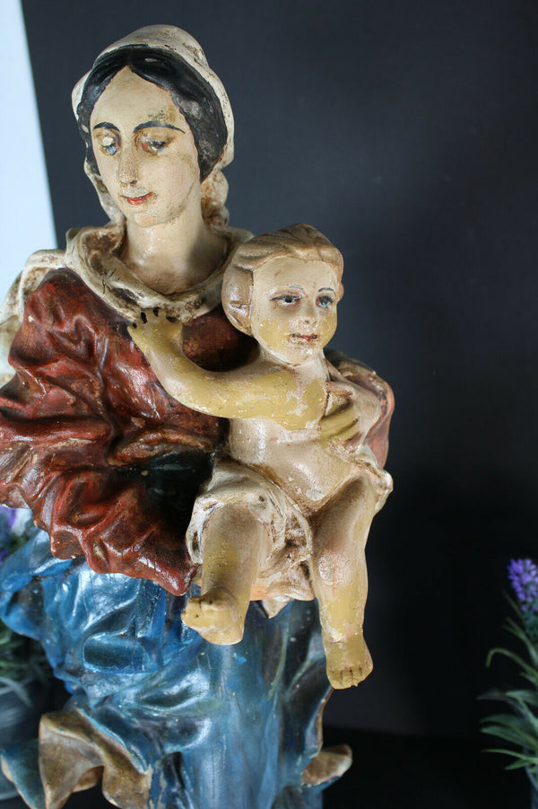 Antique large french chalkware religious madonna child figurine statue
