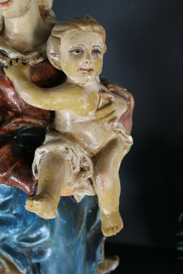 Antique large french chalkware religious madonna child figurine statue
