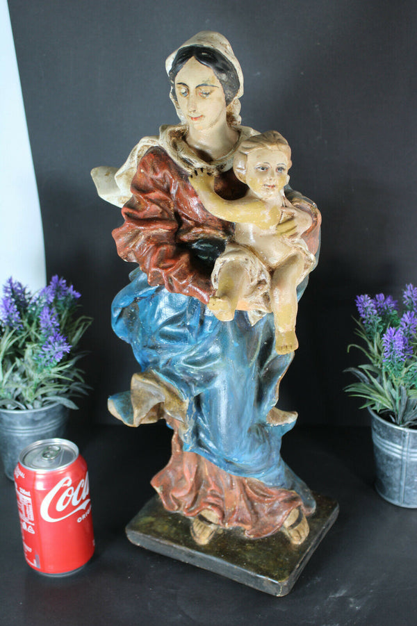 Antique large french chalkware religious madonna child figurine statue