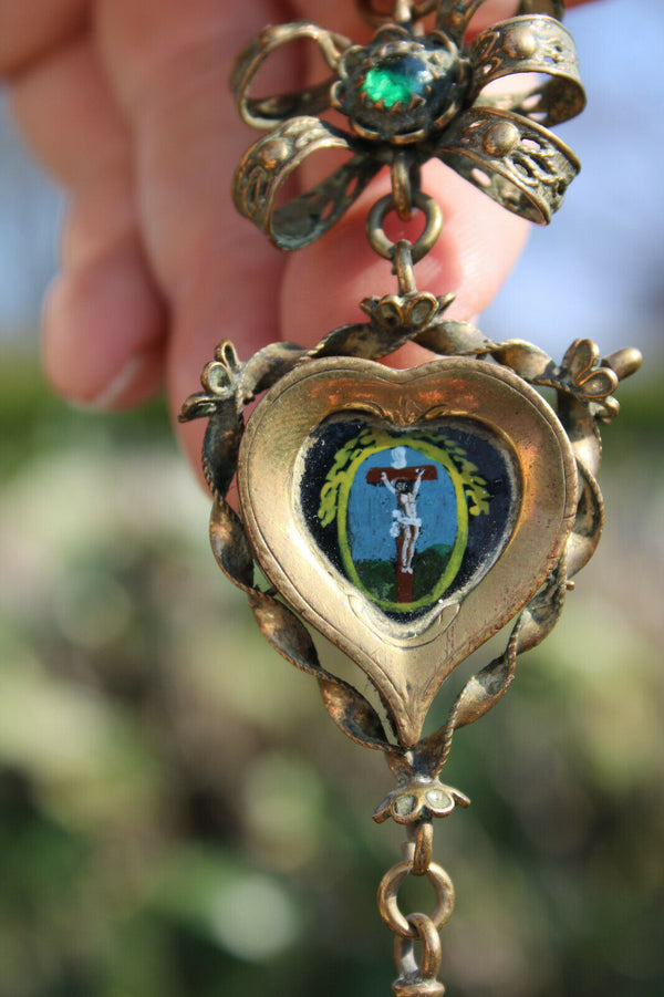 Antique 18thc Swiss Double Face Religious Pendant eglomise painting crucifix