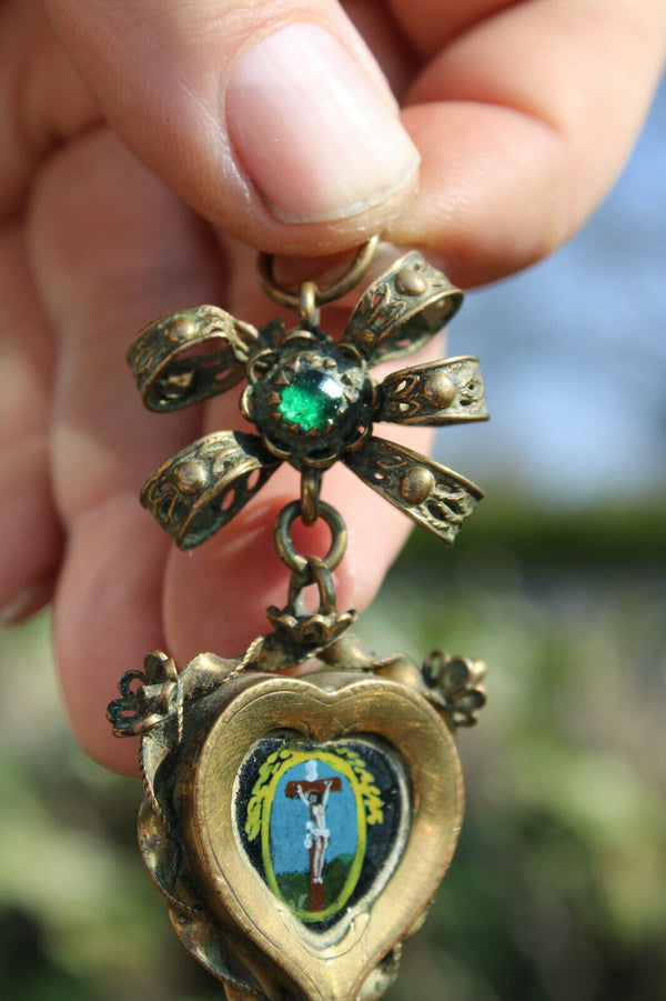 Antique 18thc Swiss Double Face Religious Pendant eglomise painting crucifix