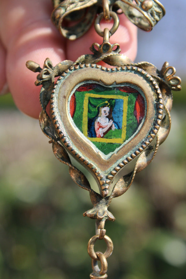 Antique 18thc Swiss Double Face Religious Pendant eglomise painting crucifix