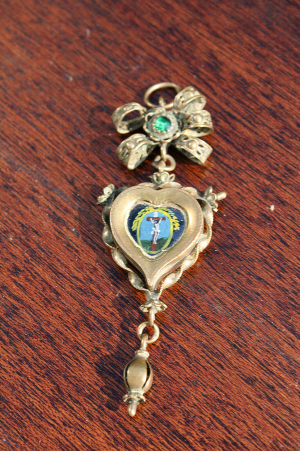 Antique 18thc Swiss Double Face Religious Pendant eglomise painting crucifix