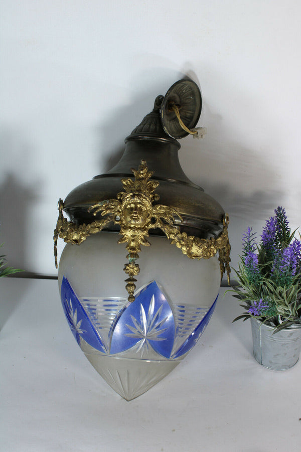 Antique french metal brass Caryatid Crystal glass acorn shade chandelier lamp