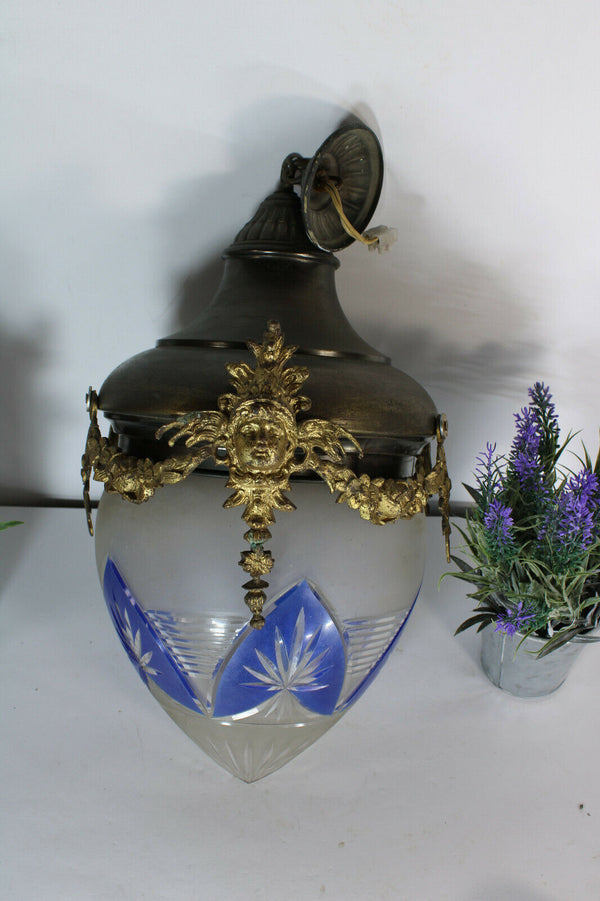 Antique french metal brass Caryatid Crystal glass acorn shade chandelier lamp